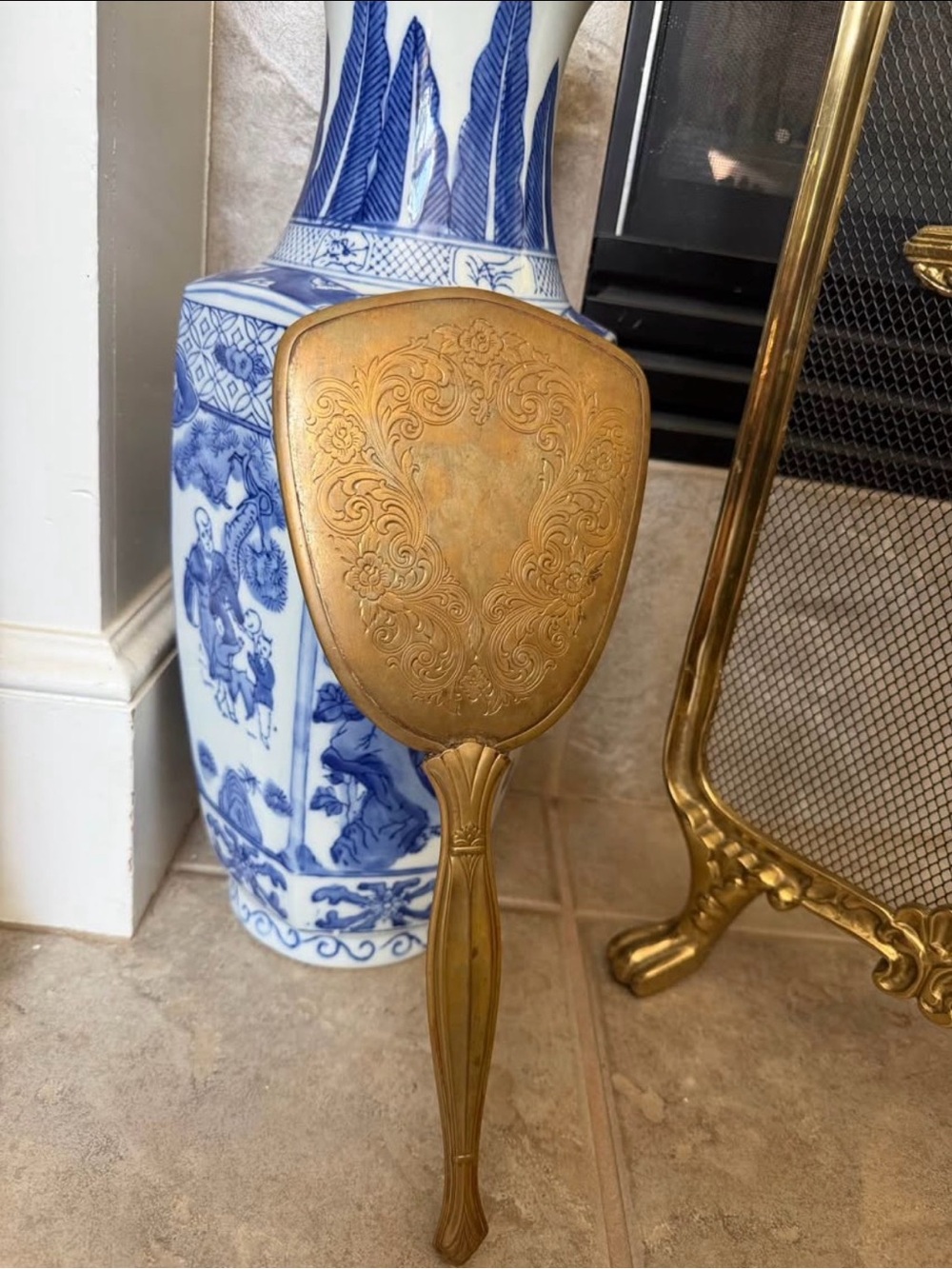 Vintage Ornate Metal Hand Mirror Decorative Floral Gold Design